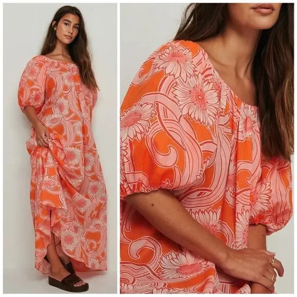 Mango Printed Cotton Dress Flowy Voluminous Maxi Puff Sleeves - Picture 1 of 6